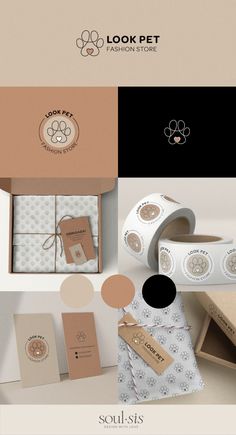 the logo and packaging design for look pet, an animal care company that is currently under construction