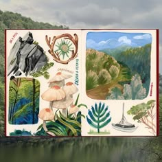 a mural on the side of a building with trees and mountains in the back ground