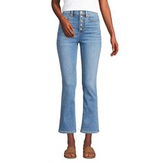 If you appreciate a bit of a retro vibe, these button-fly jeans are the right choice. Iconic five-pocket style in a flare crop length. The cotton blend fabric includes Repreve® recycled polyester and a bit of stretch. Talk about the cool factor. Flare Crop Jeans, Petite Size Chart, Kick Flares, Button Fly Jeans, Plus Size Shorts, Crop Jeans, High Rise Denim, Bottom Clothes, Blue Gender