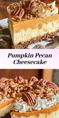 pumpkin pecan cheesecake with whipped cream and pecans in the crust on top