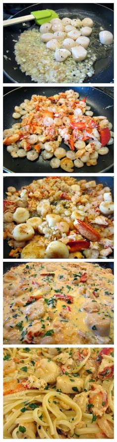 four different types of food being cooked in pans