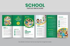 the school trifold brochure is designed to look like it has green and yellow accents