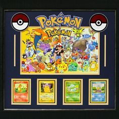 the pokemon poster is framed in a black frame