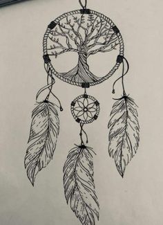 a drawing of a tree with feathers hanging from it