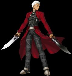 an anime character with two swords in his hand and wearing a red coat, standing on a black background