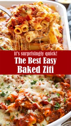 the best easy baked ziti recipe in a white casserole dish with text overlay