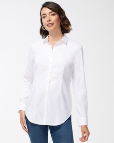 No-Iron™ Fitted Stretch Shirt - Chico's White Shirt Blouse, Clothing Outfits, Career Wear, Dresses Pants, Womens Designer Fashion, Sweaters And Jeans, Pants Jeans, Women's Tops, White Shirt