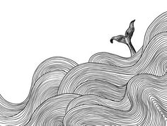 an ink drawing of waves with a bird flying over it's head in black and white