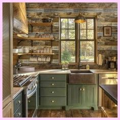 a kitchen with wooden walls and green cabinets