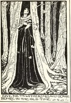 a drawing of a woman standing in the woods with her arms crossed and looking at something