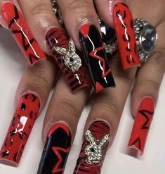 Short Animal Print Nails, Simple Red Acrylic Nails, Y2k Acrylics, Nail Design Y2k, Play Boy Nails, Y2k Nails Red, Red Y2k Nails, Nails Acrylic Y2k, Y2k Nail Ideas