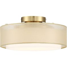 a light fixture with a white shade on the bottom and a gold trim around it