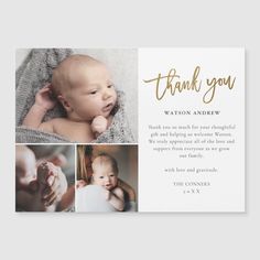 a baby's thank card with gold foil on it and the words, thank you