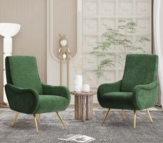 two green chairs sitting next to each other on top of a rug