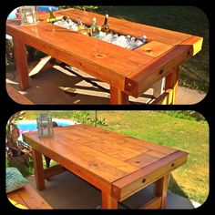 two pictures of a picnic table and bench with drinks on it, in the backyard