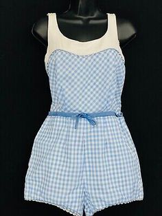 Vintage 1950s blue gingham swimsuit, white cotton check pin up romper dress M L  | eBay 50s Bikinis Vintage, Gingham Playsuit, 50s Bathing Suit, 1950s Bathing Suits, 1950s Swimwear, 1950s Swimsuit, Americana Outfits, Vintage Playsuit, Gingham Swimsuit