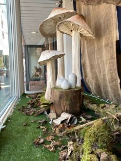 three mushrooms sitting on top of a tree stump in the grass next to a window