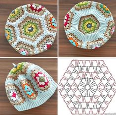 crocheted dishcloths are shown in three different pictures, one has a flower motif and the other has a circular design