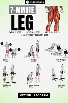 the 7 - minute leg workout plan is shown in this graphic style, and includes exercises for