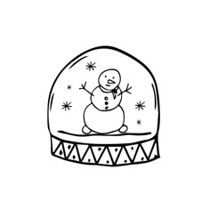 a black and white drawing of a snowman in a glass dome with stars around it