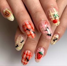 Nails With Ants, Nail Ideas Cottagecore, Firefly Nails, Food Nails Designs, Summer Gel Nail Art, Kitsch Nails, Silly Nails, Banana Nails, Picnic Nails