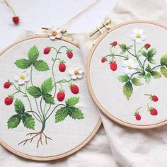 two embroidery hoops with strawberries and daisies on them, one is white