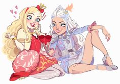 two women dressed as princesses sitting next to each other on the floor with hearts