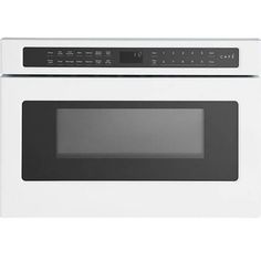 a white microwave oven with the door open and black trim on it's side