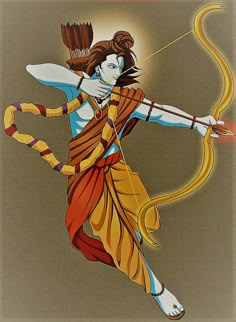 an artistic painting of a person with a bow and arrow in their hands, holding the string