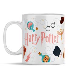 a harry potter mug with various items on it and the words harry potter written in pink