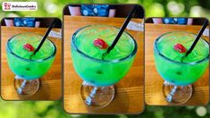 three pictures of a green drink with strawberries on the top and in the bottom