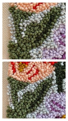 two pictures of different colored crocheted designs on the side of a piece of cloth