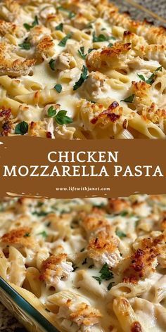 chicken and mozzarella pasta casserole in a glass dish on a table