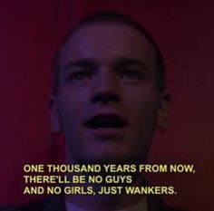 a man is making a funny face in front of a pink background with the words, one thousand years from now, there'll be no guys and no girls just wankers