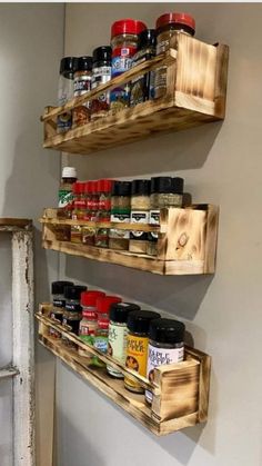 two wooden shelves holding spices and condiments