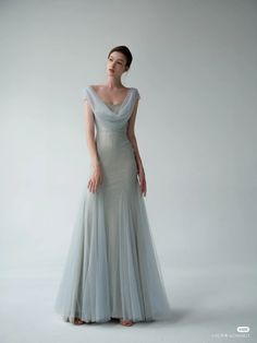 Tulle Dress Grey, Boat Neck Evening Gown, Grey Evening Gown, Vintage Gala Dress, Ethereal Dress Blue, Elegant Gown Aesthetic, White Tie Dress Code Gowns, Anyone But You Dress, Gala Dress Aesthetic