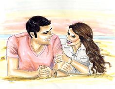 a drawing of a man and woman sitting together on the beach looking at each other