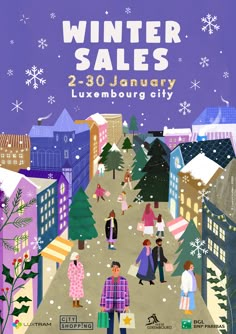 the poster for winter sales is shown with people walking in front of buildings and snowflakes