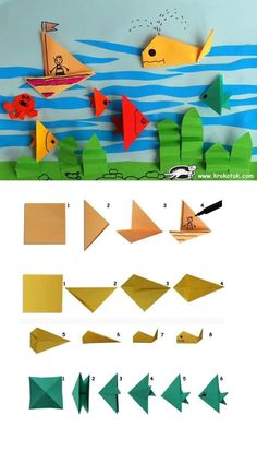 the instructions for how to make paper boats and fish from construction paper origami