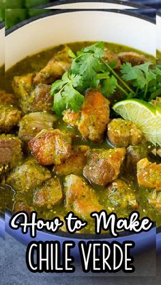 a white bowl filled with food and garnished with cilantro, parsley and lime