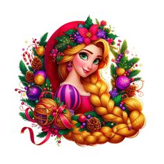 disney princess aurora with christmas decorations in her hair and wreaths on her head, surrounded by