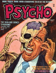 the cover to psychic magazine, featuring a skeleton holding a human head in his hand