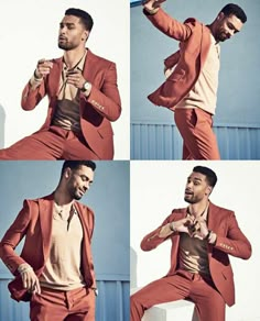 four pictures of a man in a red suit and tan shirt with his hands on his hips