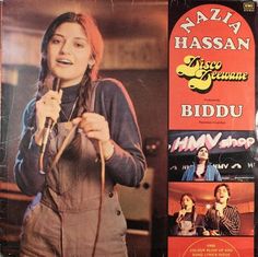 a woman standing in front of a microphone on top of a magazine cover with pictures of women singing