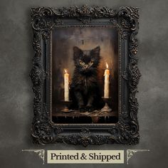 a black cat sitting in front of two lit candles with the caption printed and shipped