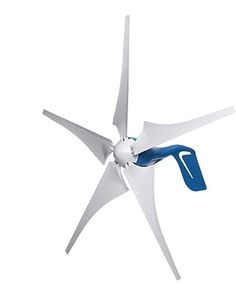 a white and blue wind turbine on a white background with clipping for the blades