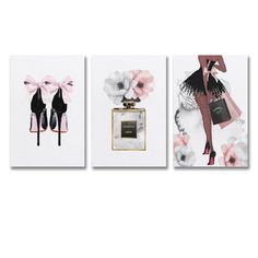 three pieces of art with high heel shoes and perfume bottles on them, one in black and the other in pink