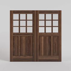 an open wooden door with glass panels on the top and bottom panel, against a white background