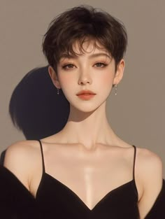 Asian Woman With Short Hair, Pushing Hair Back Pose, Pixie Haircut Asian, Short Hair Outfits, Shot Hair Styles, Anime Hair