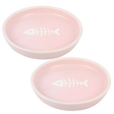 two pink bowls with fish decals on the side, one is white and the other is light pink